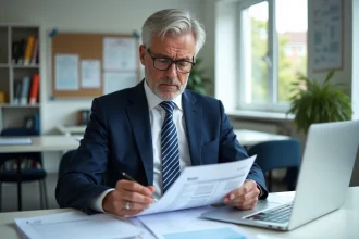 Professeur d age moyen examine un bulletin de salaire