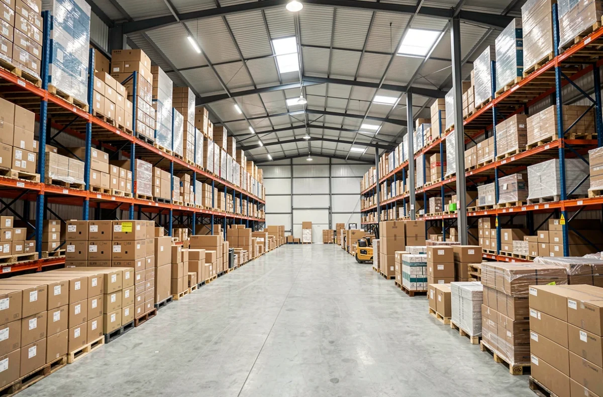 Entrepôt d'un grossiste avec palettes de marchandises