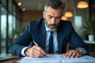 Homme d'affaires en costume bleu examine des documents