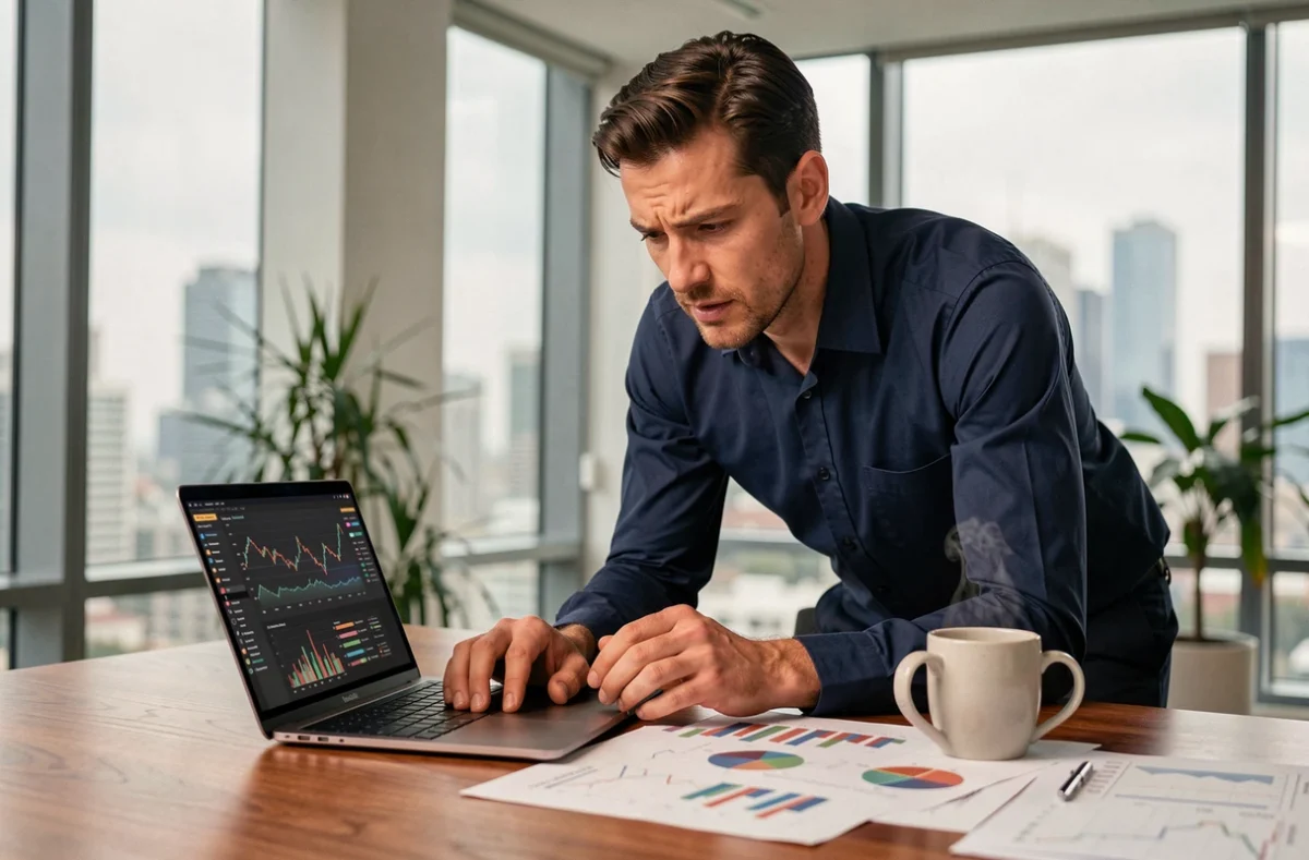 Entrepreneur masculin analysant des graphiques de cryptomonnaies et données financières sur ordinateur portable dans un bureau moderne