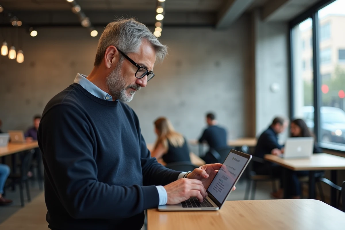 Entrepreneur consultant son espace Urssaf en ligne sur une tablette dans un espace de coworking moderne