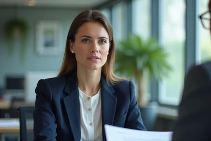 Femme cadre en entretien annuel avec son manager discutant d'une promotion et d'une augmentation de salaire dans un bureau moderne