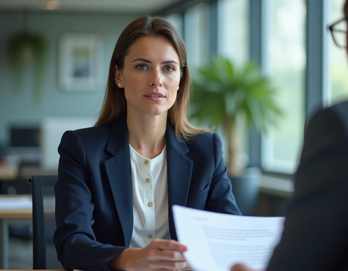 Femme cadre en entretien annuel avec son manager discutant d'une promotion et d'une augmentation de salaire dans un bureau moderne