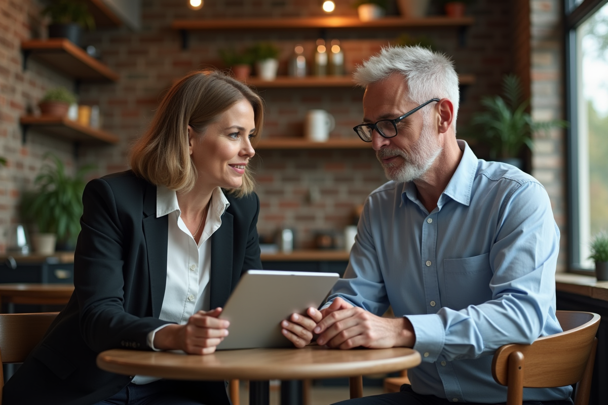 Femme interviewant un fournisseur dans un café cosy