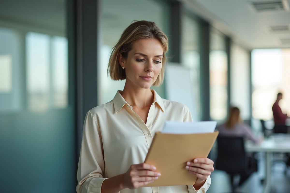 Femme cadre tenant une enveloppe et un courrier officiel de rupture conventionnelle dans un bureau en open space, air déterminé