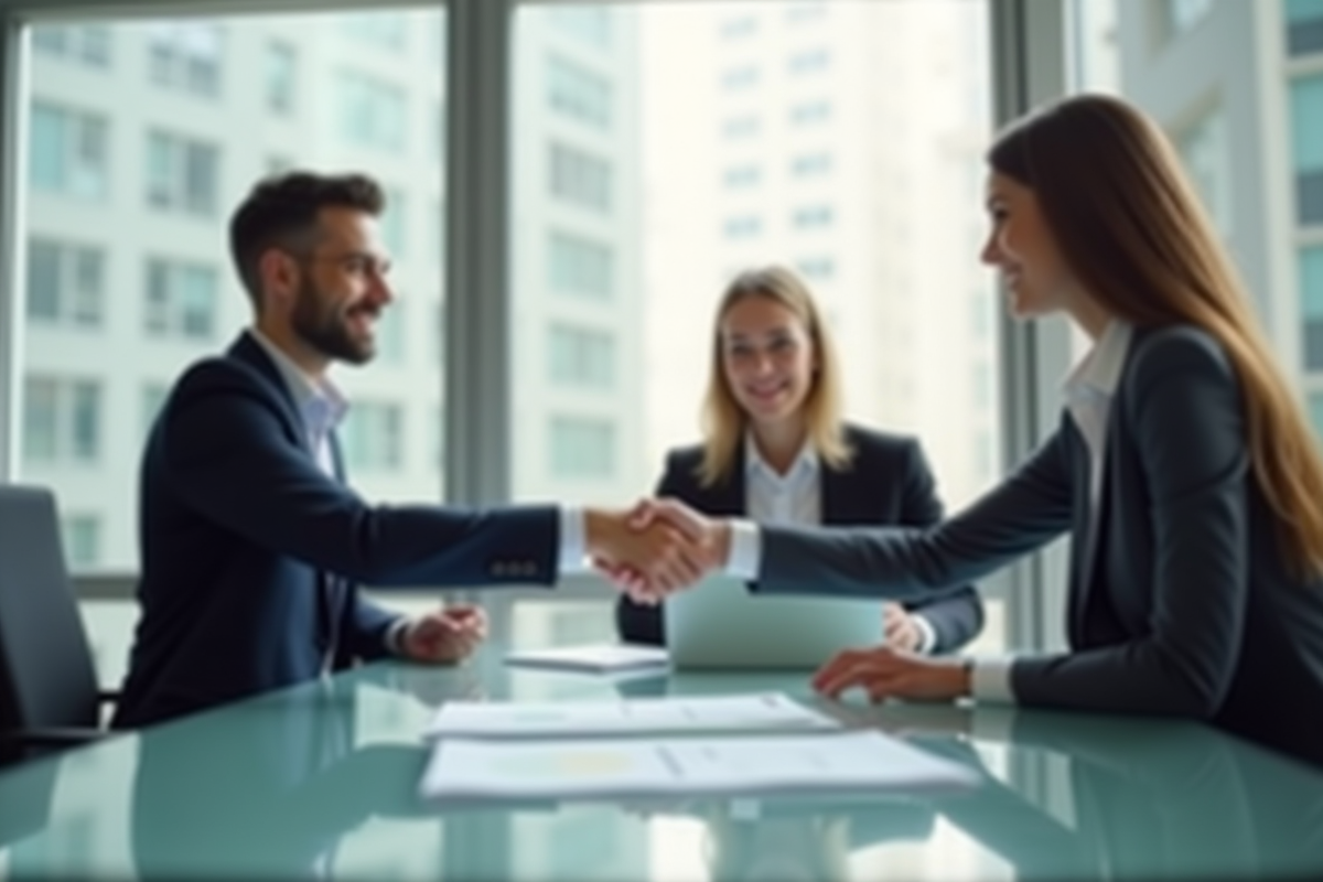 Deux professionnels en réunion dans un bureau lumineux échangeant une poignée de main
