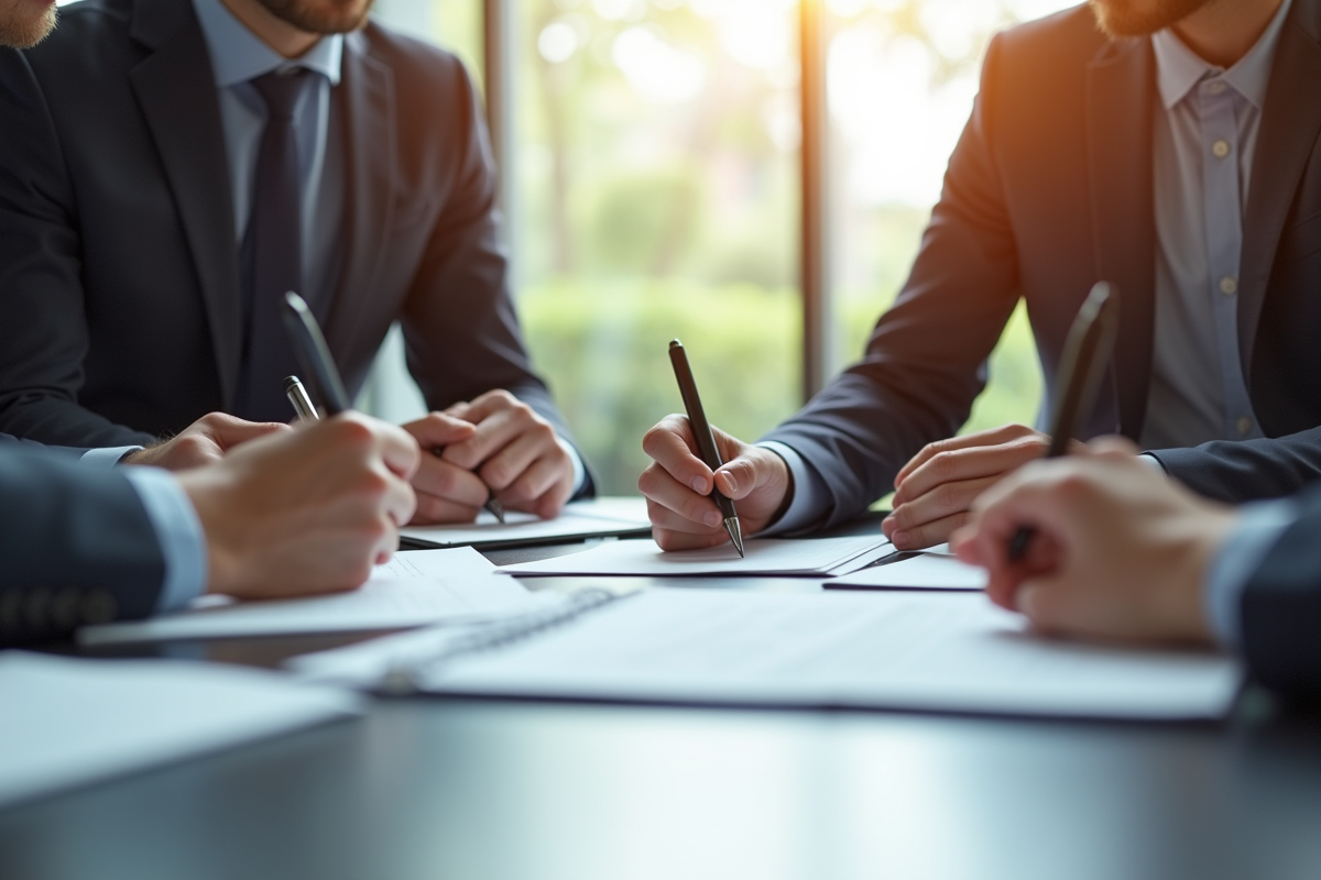 Groupe de professionnels signant des documents d'affaires