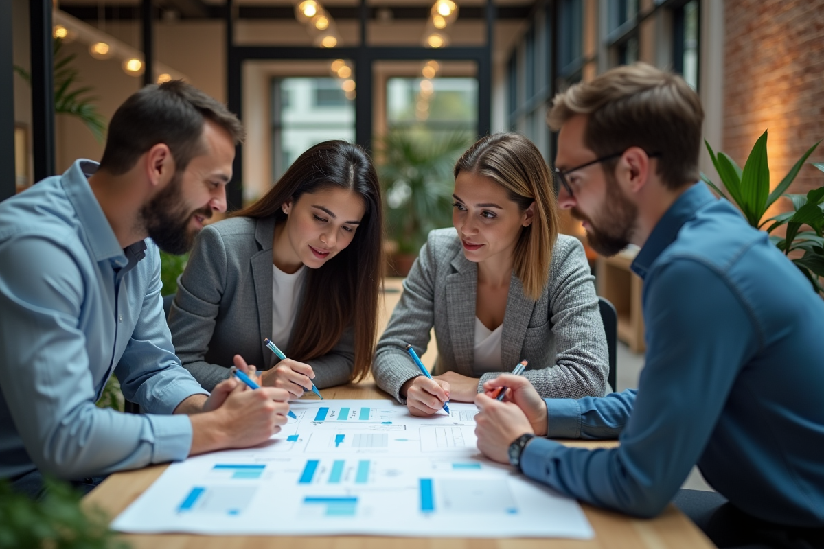 Equipe diverse travaillant sur un organigramme dans un bureau moderne