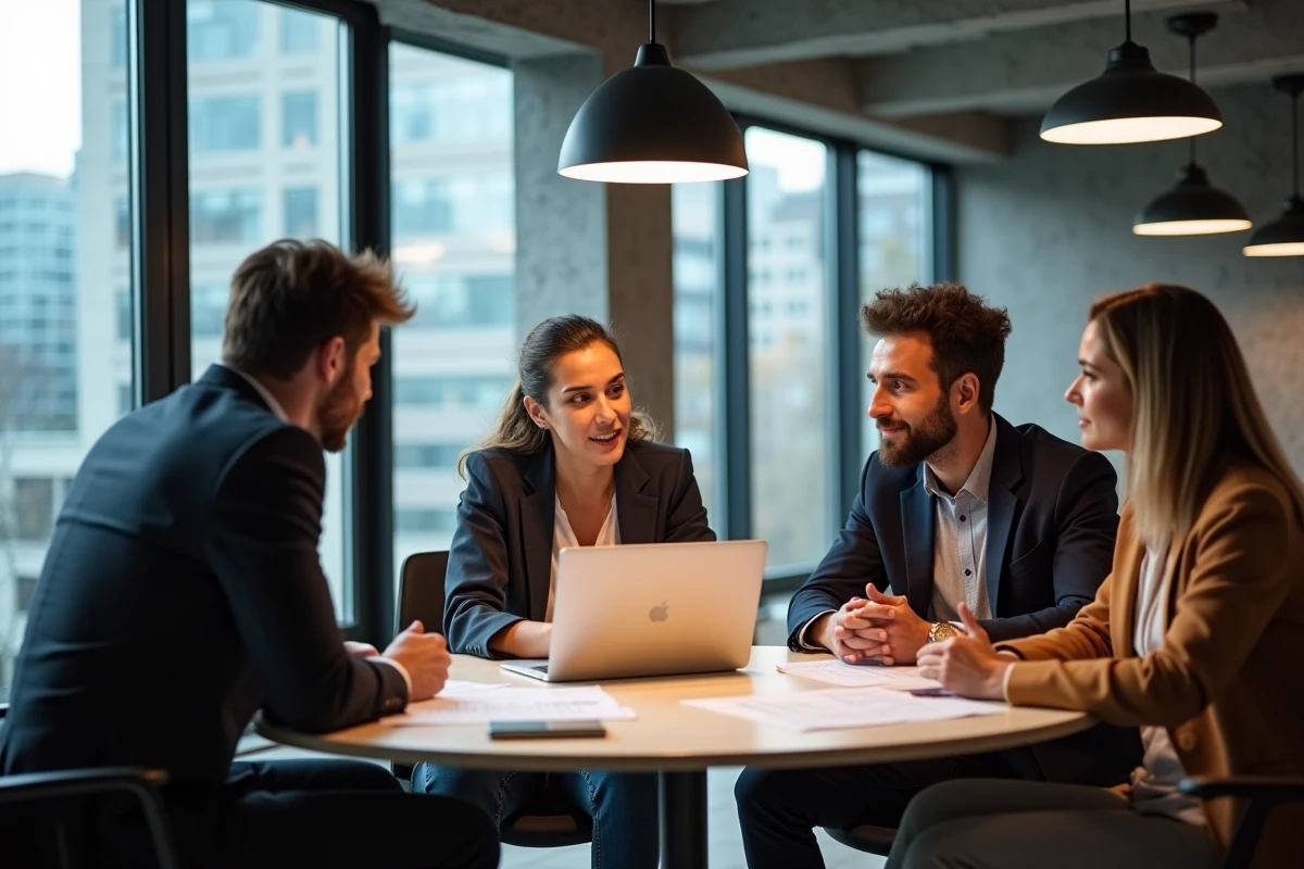 Équipe de professionnels discutant de stratégies de communication responsable en espace de coworking