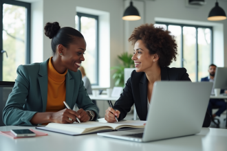 Deux collègues discutent calmement dans un bureau moderne