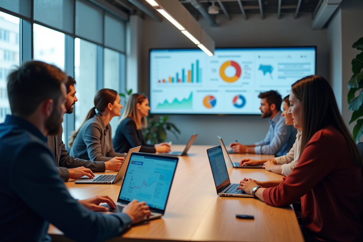 Groupe de professionnels analysant des données numériques
