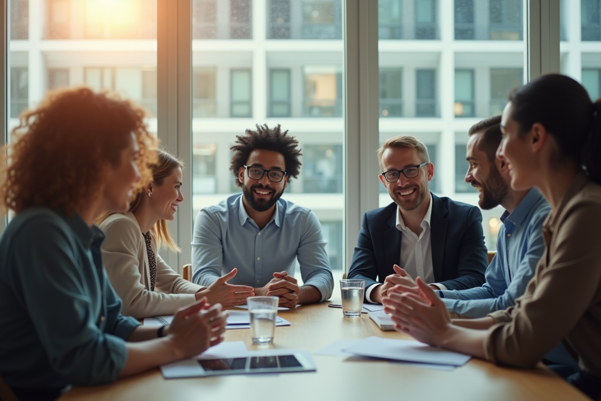 Groupe de professionnels en discussion dans un bureau lumineux