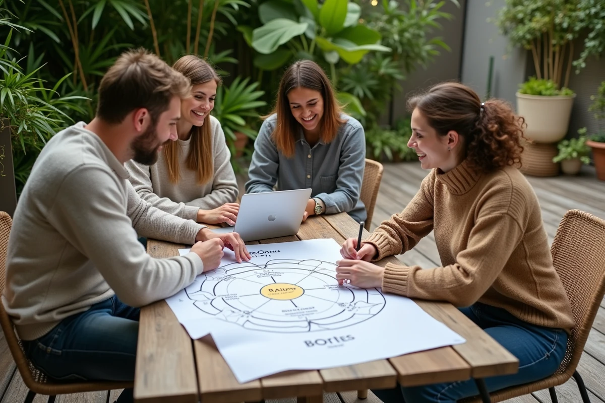 Équipe de collaborateurs travaillant en extérieur sur un diagramme RSE reliant les engagements à la raison d'être de leur entreprise