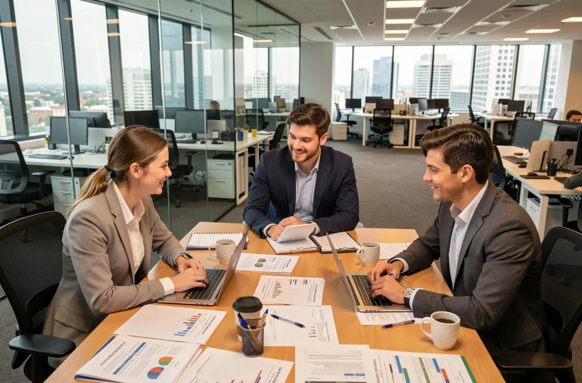Équipe de jeunes auditeurs travaillant ensemble sur des documents financiers dans une salle de réunion vitrée d'un cabinet Big 4