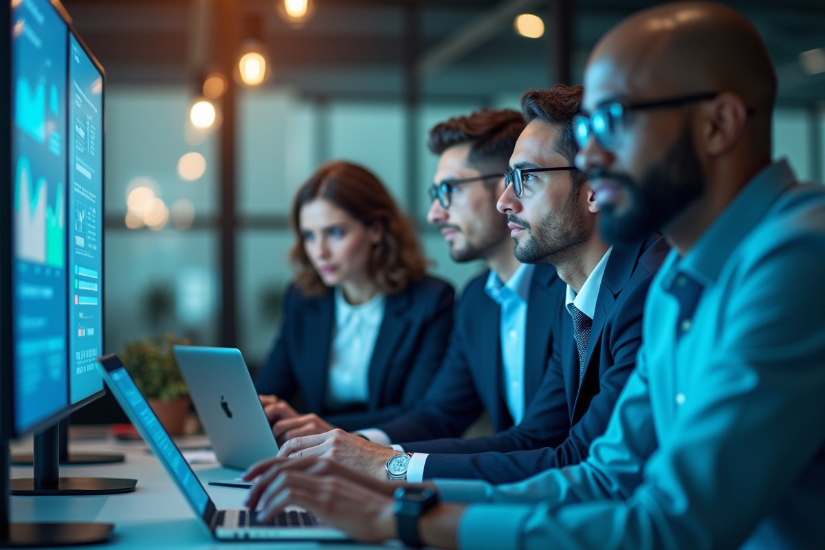 Groupe de professionnels analysant des données marketing en réunion