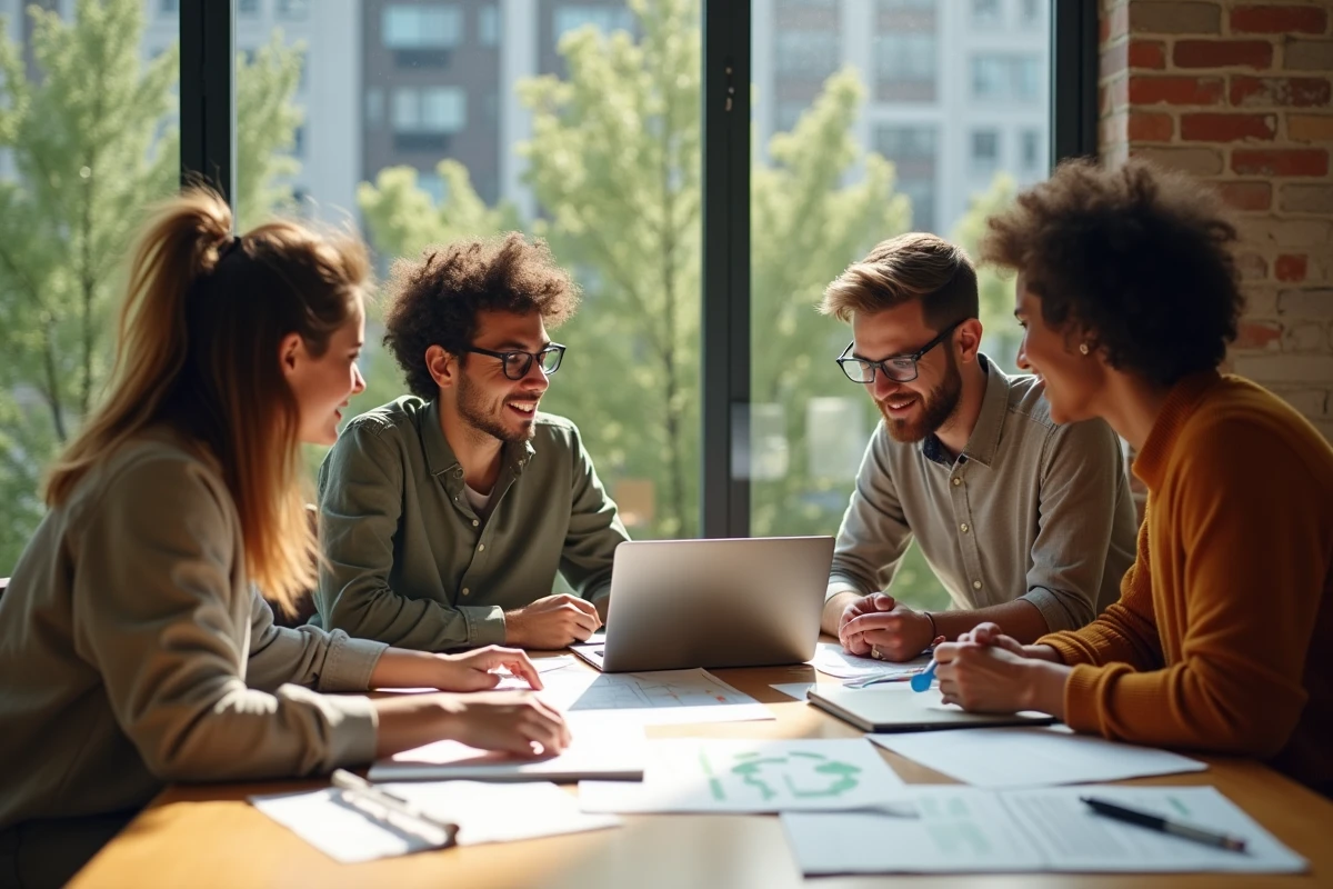 Équipe de professionnels engagés collaborant sur une stratégie de recrutement environnemental dans un espace de coworking
