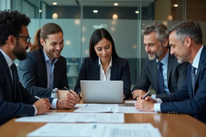 Groupe de professionnels en réunion d'affaires dans une salle moderne