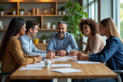 Groupe de professionnels en r&eacute;union dans un open space moderne