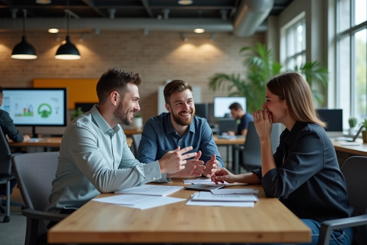 Groupe de trois personnes collaborant dans un espace de coworking moderne
