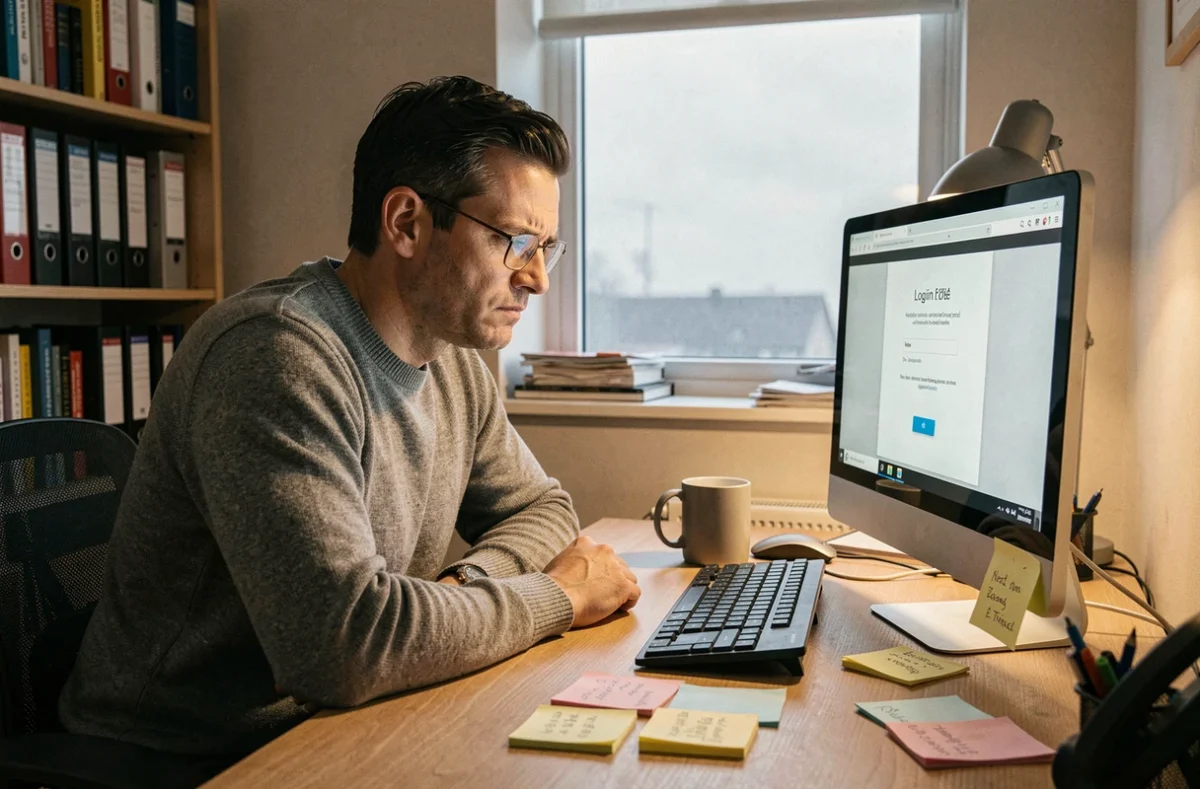 Homme avec lunettes frustré par un message d'erreur lors de sa première connexion à un espace personnel sur ordinateur de bureau à domicile