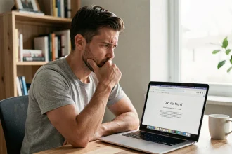 Homme frustré face à une erreur DNS sur son ordinateur portable dans un bureau à domicile