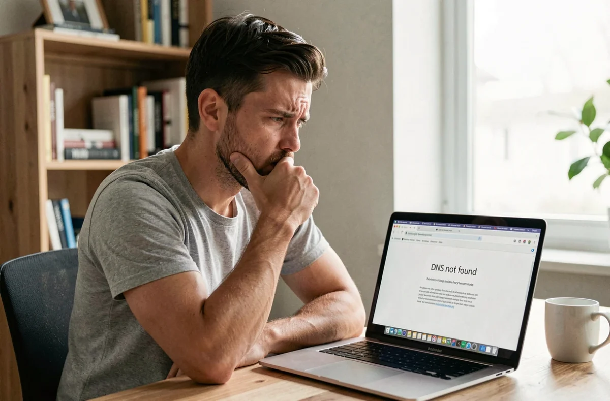 Homme frustré face à une erreur DNS sur son ordinateur portable dans un bureau à domicile