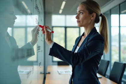 Femme professionnelle annotant un tableau de traduction anglais-français avec les termes sponsor et sponsorship dans une salle de réunion moderne