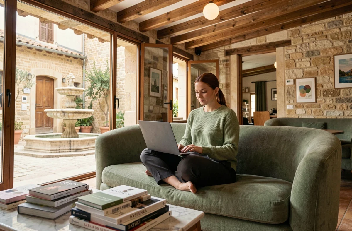 Femme travaillant sur canapé dans l'espace lounge d'un coworking à Aix-en-Provence avec cour provençale