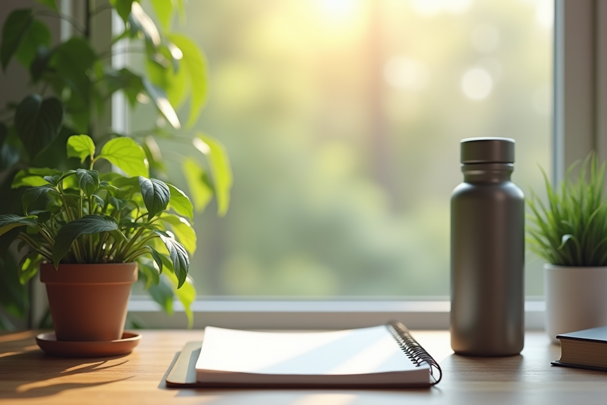 Espace de travail avec plante verte et accessoires organisés
