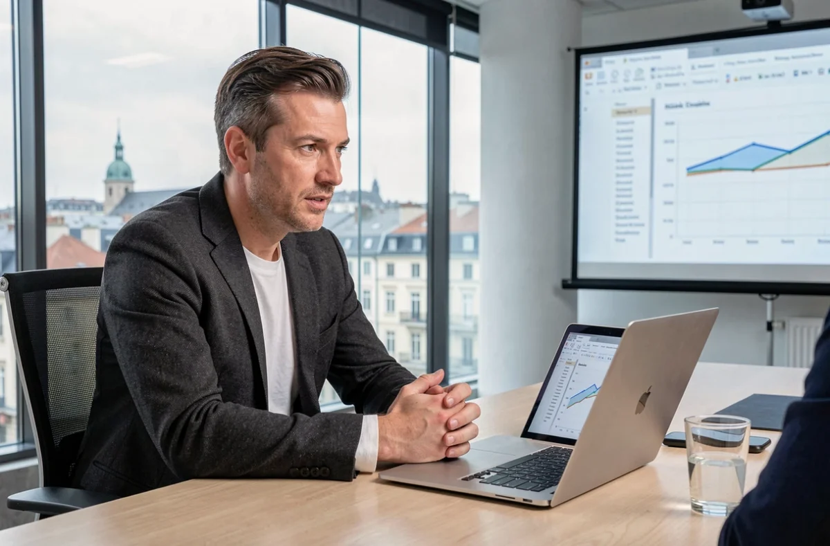 Fabien Raquidel, consultant SEO, présentant un rapport d'analyse de liens lors d'une réunion client à Lyon