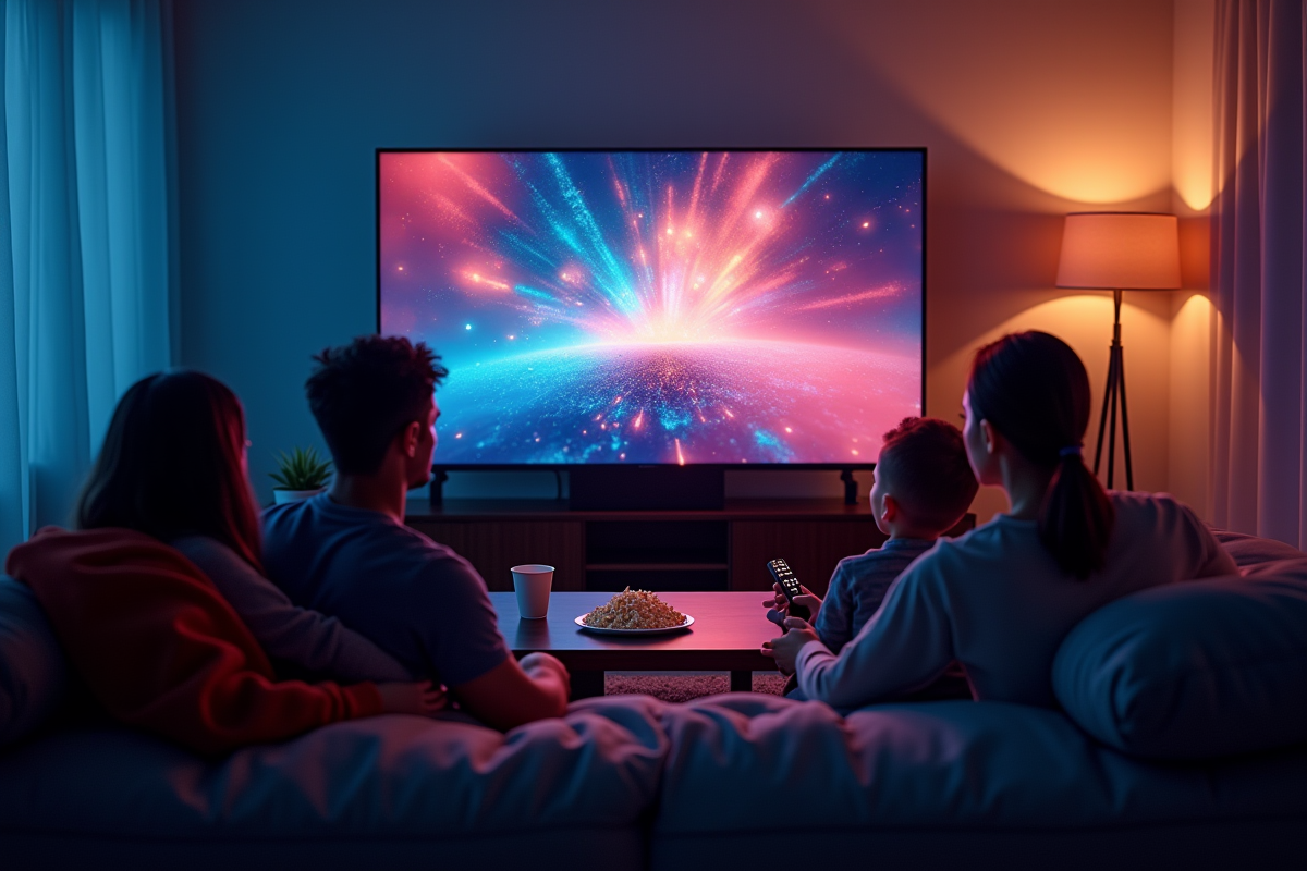 famille regardant une publicité futuriste à la télévision