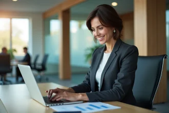 Femme d'affaires concentrée sur son ordinateur dans un bureau moderne