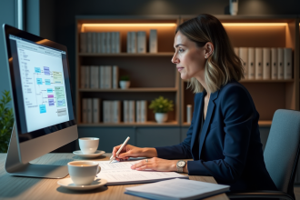 Femme d affaires en costume bleu examinant des documents