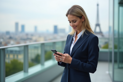 Femme d'affaires en costume navy sur terrasse parisienne