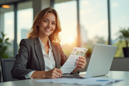 Femme d'affaires confiante dans un bureau lumineux avec contrat et billets