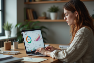 Femme analysant des graphiques YouTube dans un bureau moderne
