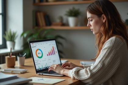 Femme analysant des graphiques YouTube dans un bureau moderne