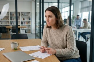 Femme en tenue décontractée remplissant un formulaire dans un bureau moderne