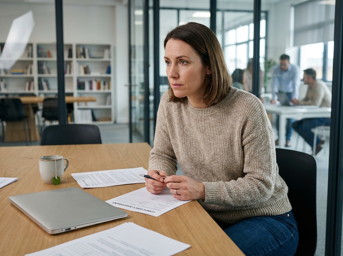 Femme en tenue décontractée remplissant un formulaire dans un bureau moderne