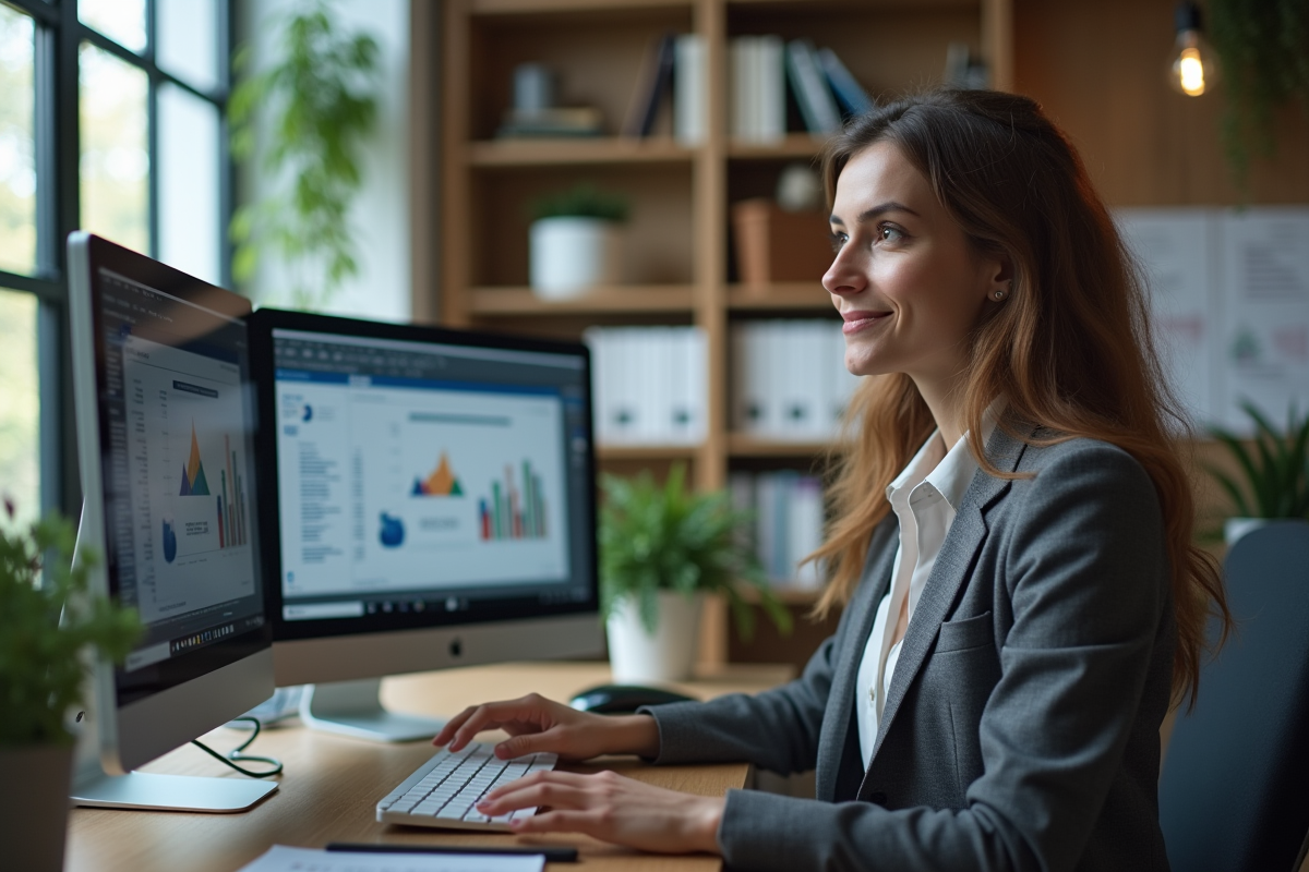 Jeune femme au bureau analysant un tableau sur écran