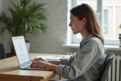 Femme professionnelle consultant un blog sur la communication responsable depuis son bureau à domicile