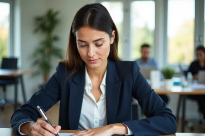 Femme en bureau annotant un calendrier annuel pour calculer les jours travaillés en CDI, CDD ou intérim