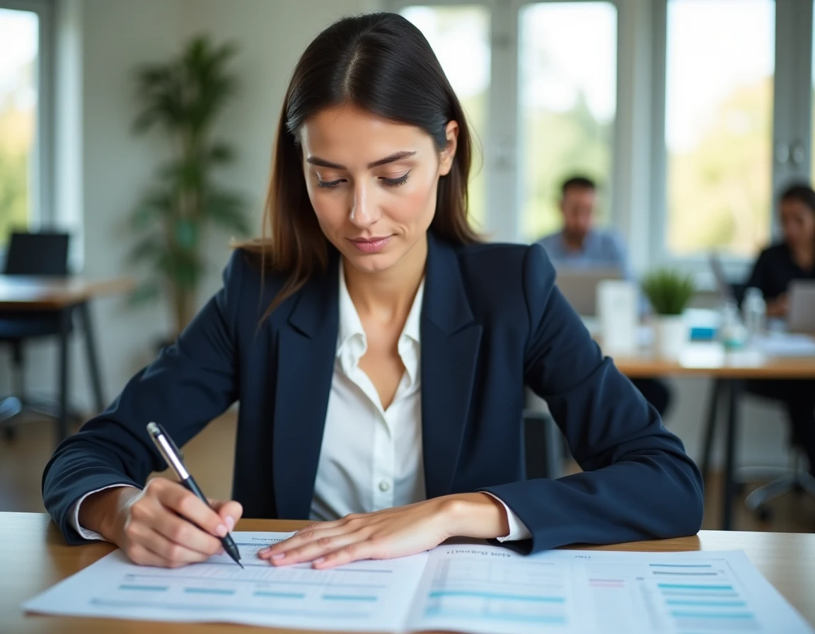 Femme en bureau annotant un calendrier annuel pour calculer les jours travaillés en CDI, CDD ou intérim