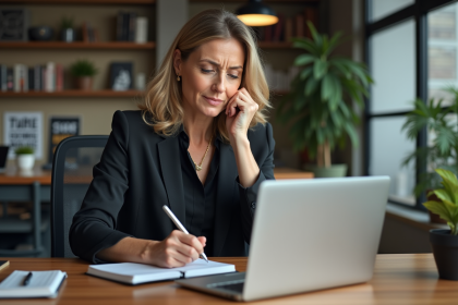 Femme d'âge moyen au bureau en pleine réflexion