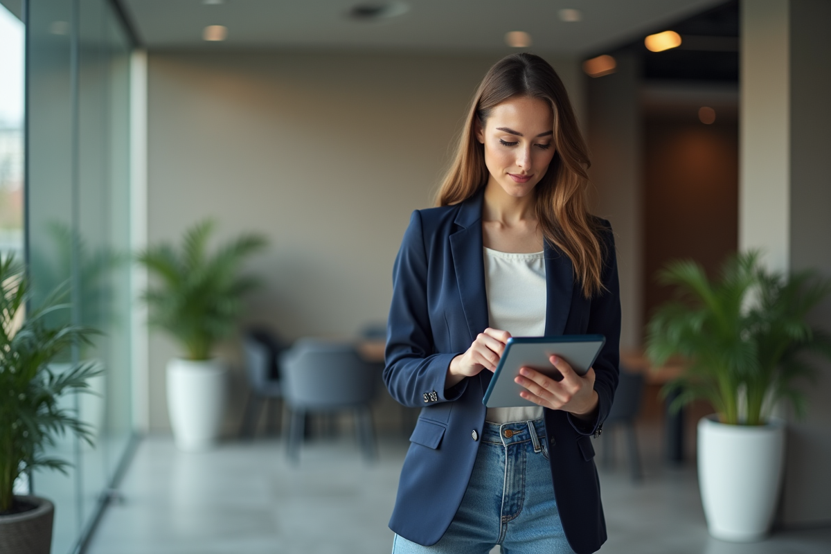 Femme en blazer navy dans un bureau moderne