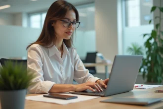 Femme au bureau utilisant un tableau de bord numérique
