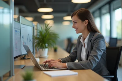 Femme en bureau moderne regardant un tableau de bord digital