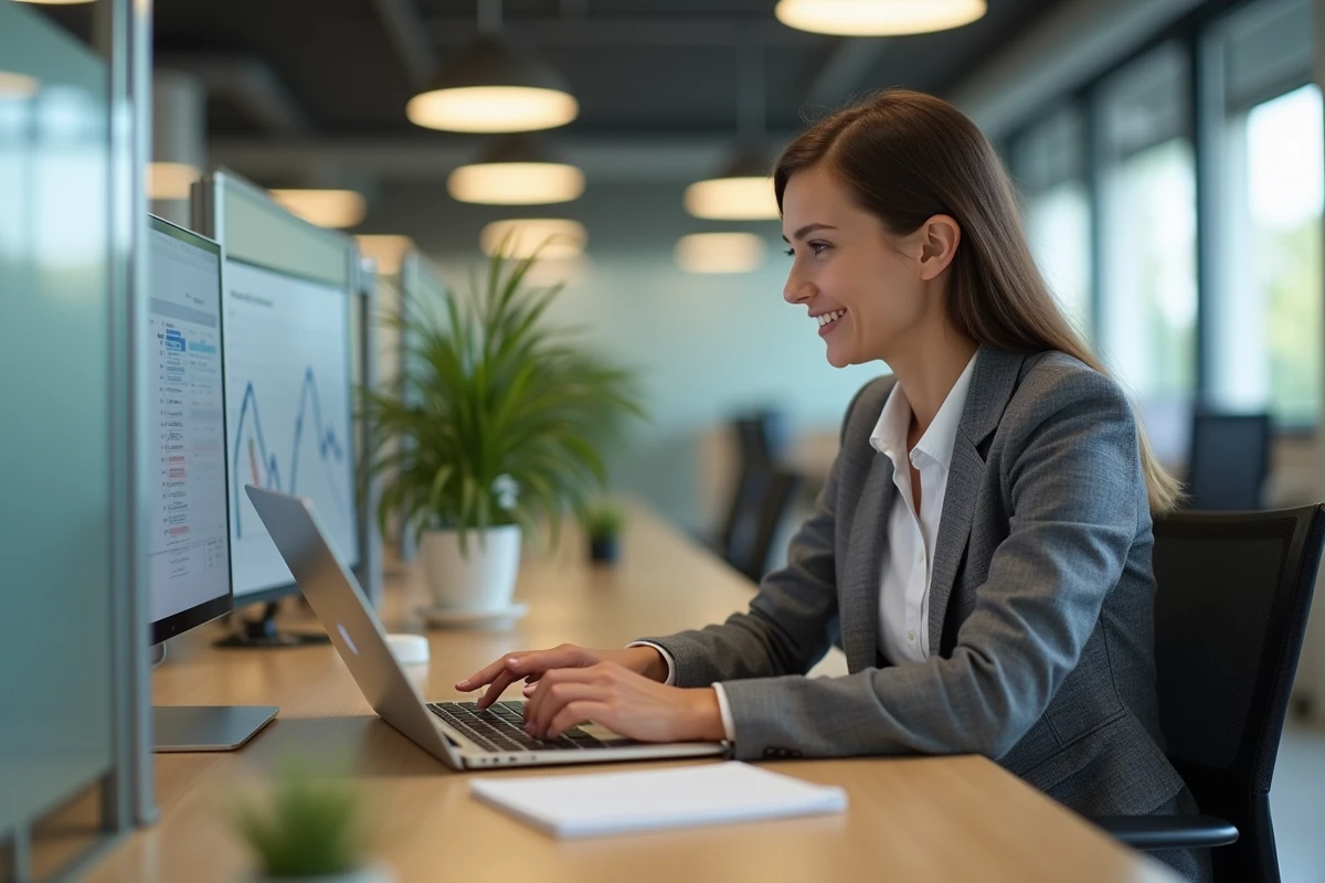 Femme en bureau moderne regardant un tableau de bord digital
