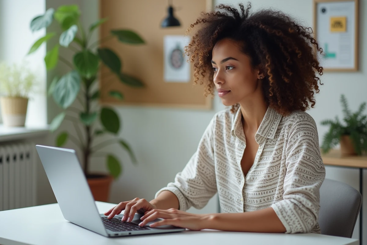 Jeune femme regardant un site de jeux de soci&eacute;t&eacute; sur son ordinateur