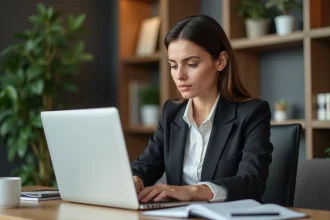 Femme professionnelle travaillant sur son ordinateur dans un bureau cosy